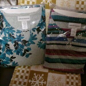 TWO NWT Alfred Dunner XL Long Sleeve Tops -Teal and Gray Floral and Teal Striped